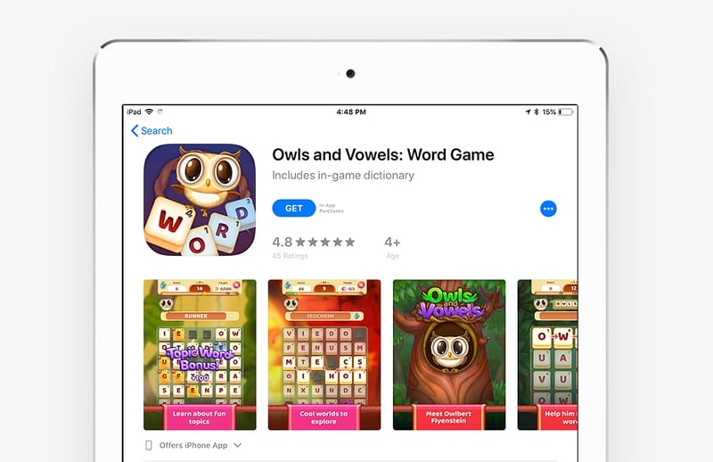 An image of Owls and Vowels on the app store