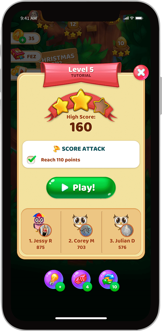 A framed screenshot of a level select screen in the App Owls and Vowels, A Mobile Game Developed in Sydney by Chaos Theory Games
