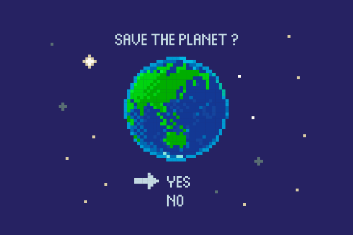 a retro style video game asking if you would save the planet